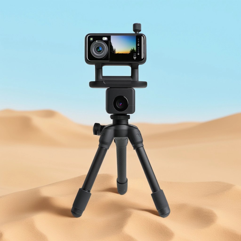 An e-commerce product image of a camera with a tripod displayed in a sand dune desert against a blue sky.