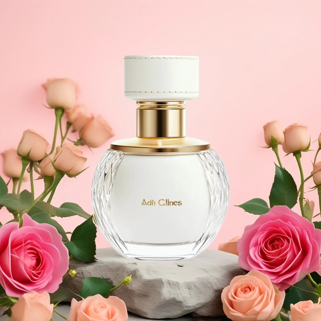 An e-commerce product image of a flat lay of a bottle of perfume on a pink colored background surrounded by small pink and white flowers.