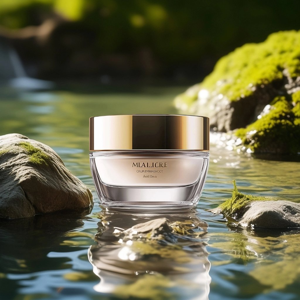 An e-commerce product image of a skincare beauty product right in the middle of a flowing stream surrounded by mossy rocks in a forest. 
